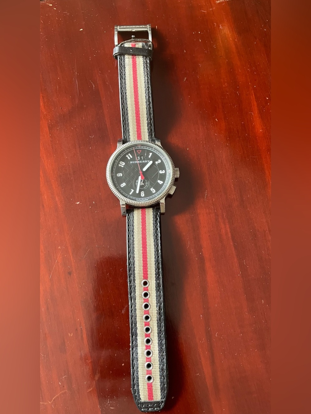 Burberry Silver Watch with Beige and Red Check Strap Accent